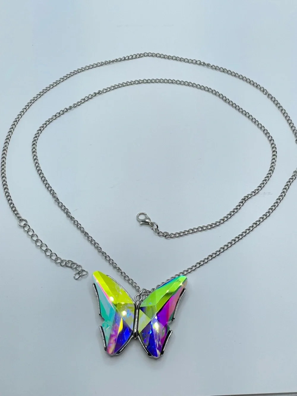 Butterfly AB Crystal Necklace Silver Tone Iridescent Statement Pendant
